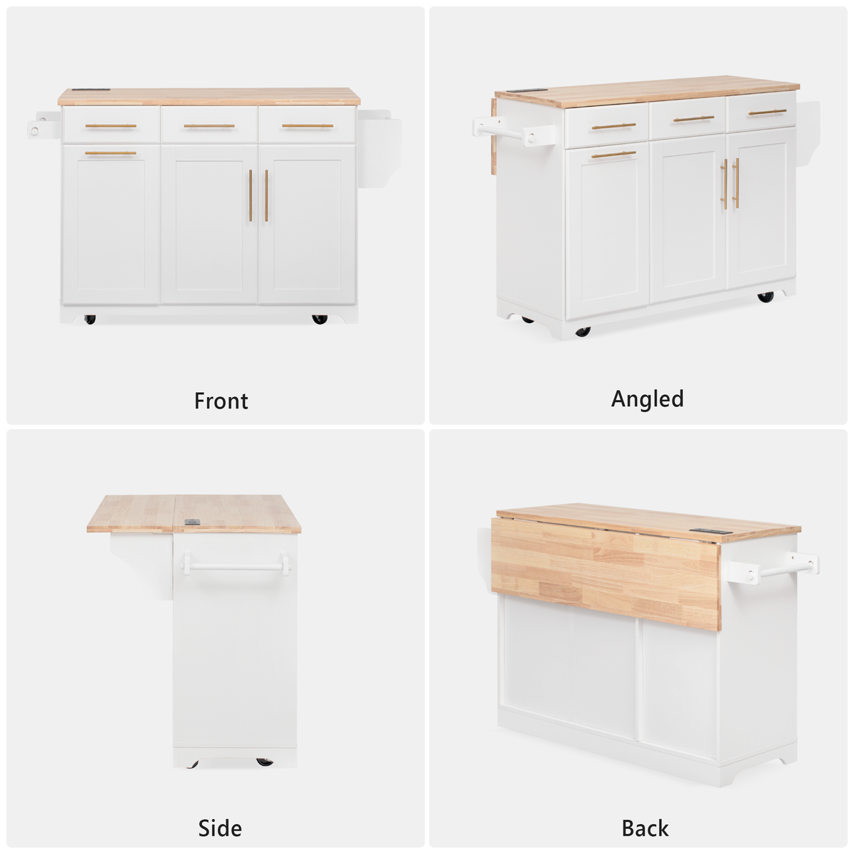 variant-group:rf-n707s299014w|Roomfitters 59.3" Kitchen Island with Power Outlet, Drop Leaf and Double Trash Can Pull Out, Rolling Cart, White