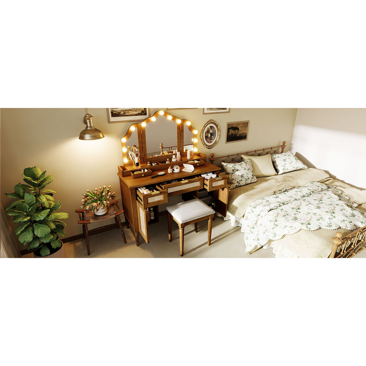 variant-group:rf-n704p342558p|Roomfitters 44-Inch Bohemian Makeup Vanity Desk with 13 Hollywood Bulbs Tri-Fold Mirror and Bamboo Drawers Espresso