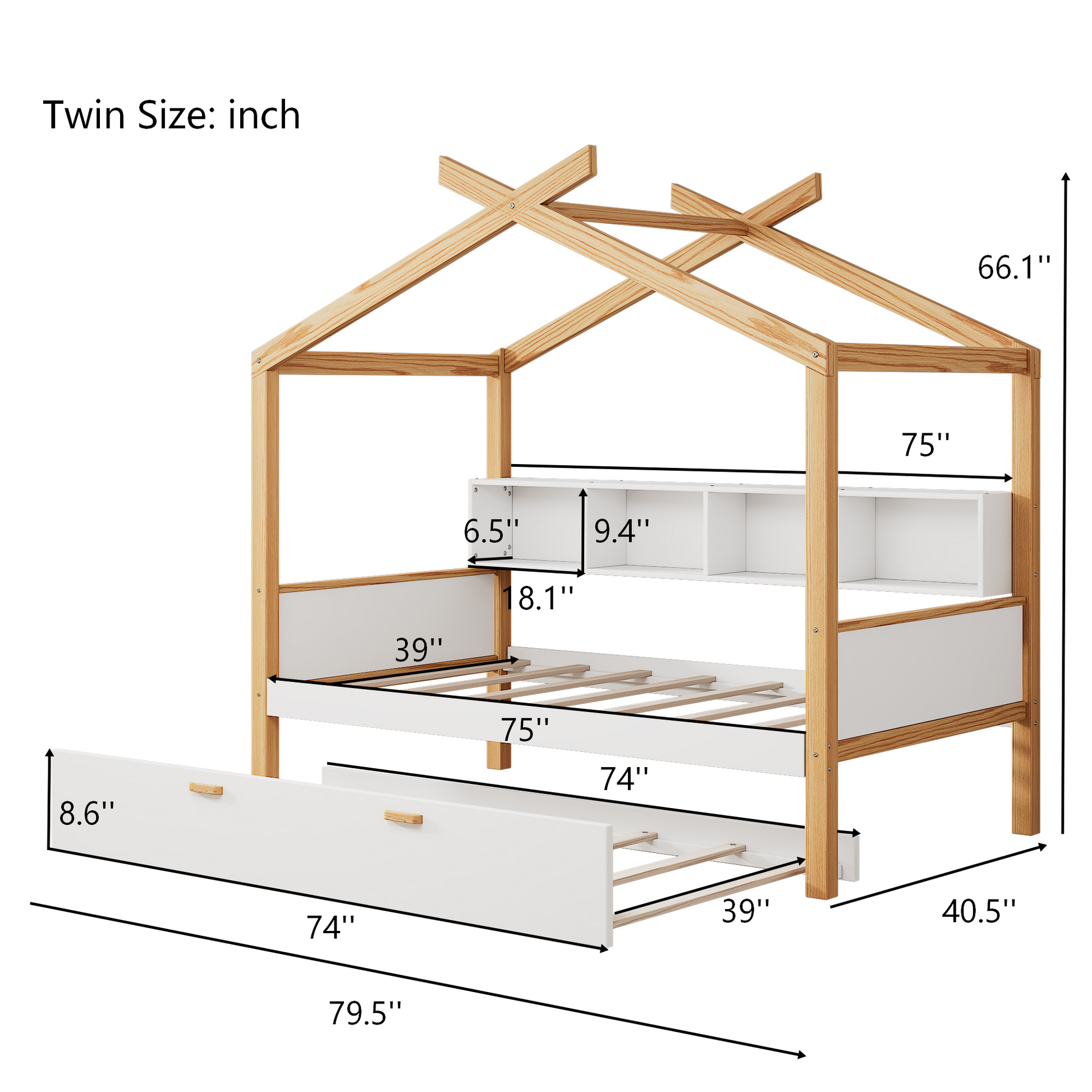 Roomfitters Twin Size Wooden House Bed Frame with Twin Trundle, Bookshelf Storage Furniture, No Box Spring, White Natural Roomfitters