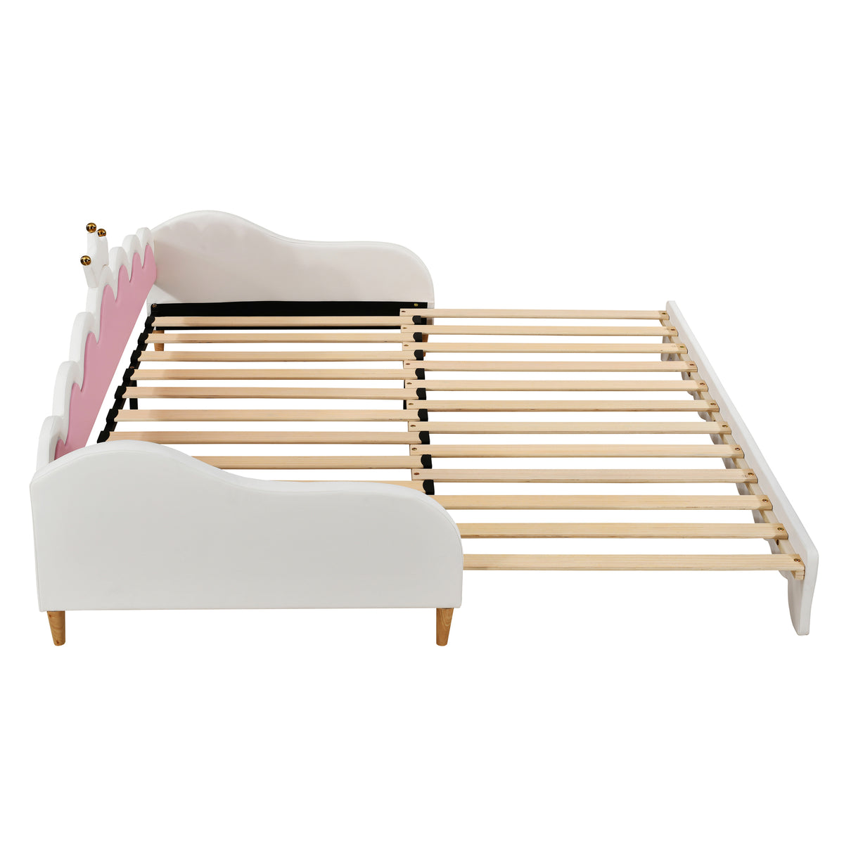 variant-group:rf-n733hl000104aak|Roomfitters Twin Extending Daybed with Lights, Modern Upholstered Princess Daybed with Crown Headboard, Sophisticated and Functional Design, White