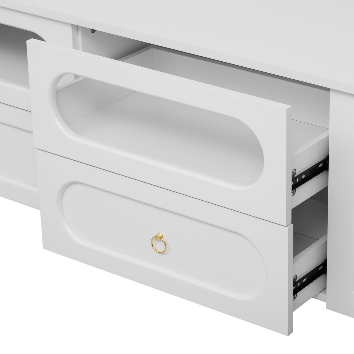 Roomfitters Retro TV Stand for up to 85 Inch TV, Media Console Cabinet with Drawers, Cabinets and Metal Legs, White Roomfitters