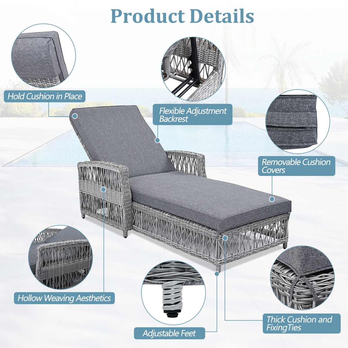 Roomfitters Outdoor Reclining Chaise, Wicker Lounge Chair with Armrests & Soft Cushions, Adjustable Poolside Recliner, Gray Roomfitters