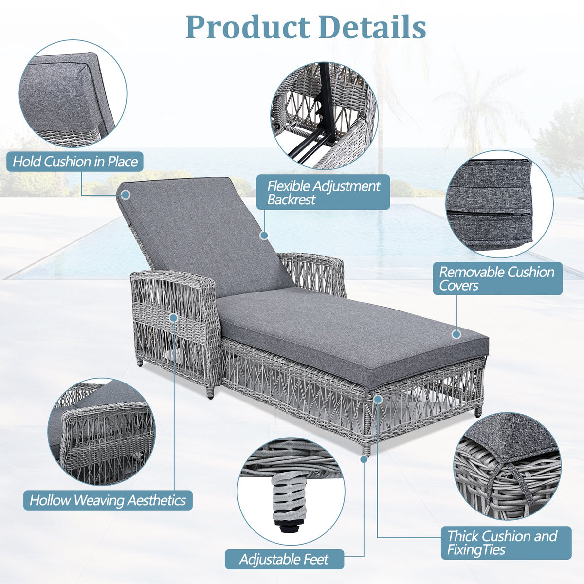 Roomfitters Outdoor Reclining Chaise, Adjustable Wicker Lounge Chair with Armrests & Cushions for poolside, Set of 2, Grey Roomfitters
