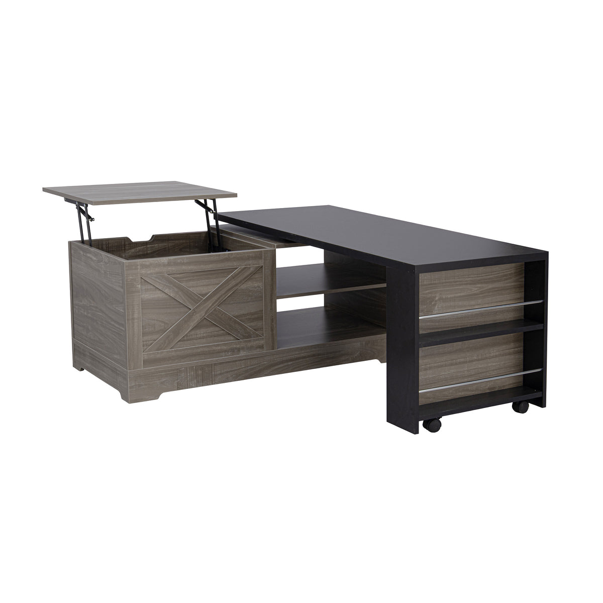 variant-group:rf-n724p351732e|Roomfitters Farmhouse Lift Top Coffee Table with Barn Doors and Outlets, Brown & Black