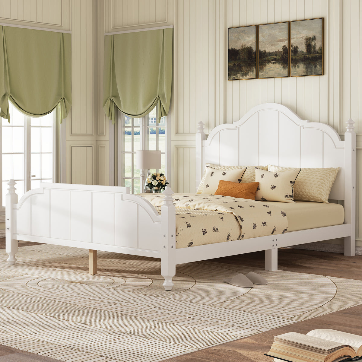 variant-group:rf-n733p360940k|Roomfitters Queen Wood Platform Bed Frame with Curved Headboard, Vintage Style Slat Support, No Box Spring Required, White