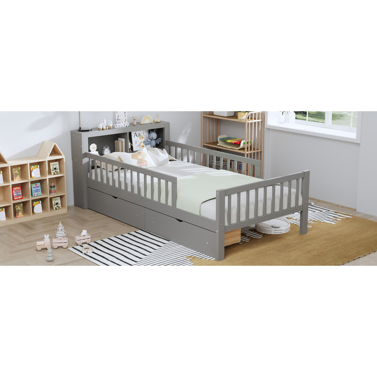 variant-group:rf-n733p272374e|Roomfitters Twin Bed with Headboard Storage Rack, Under-Bed Storage and Three-Side Guardrails, Gray