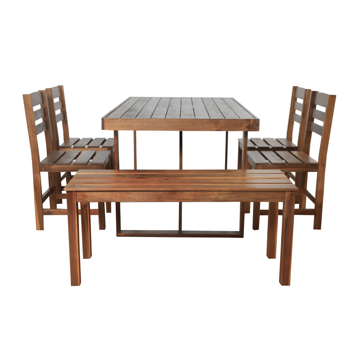 variant-group:rf-n711wy000472aae|Roomfitters 6-Piece Acacia Wood Outdoor Dining Set with Bench and 4 Chairs, Rectangular Table for Patio and Backyard, Brown