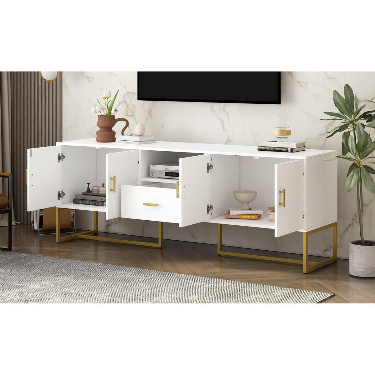 Roomfitters Modern TV Stand for up to 70 Inch TV, Media Cabinet with Drawer, Metal Legs and Safety Features, White Roomfitters