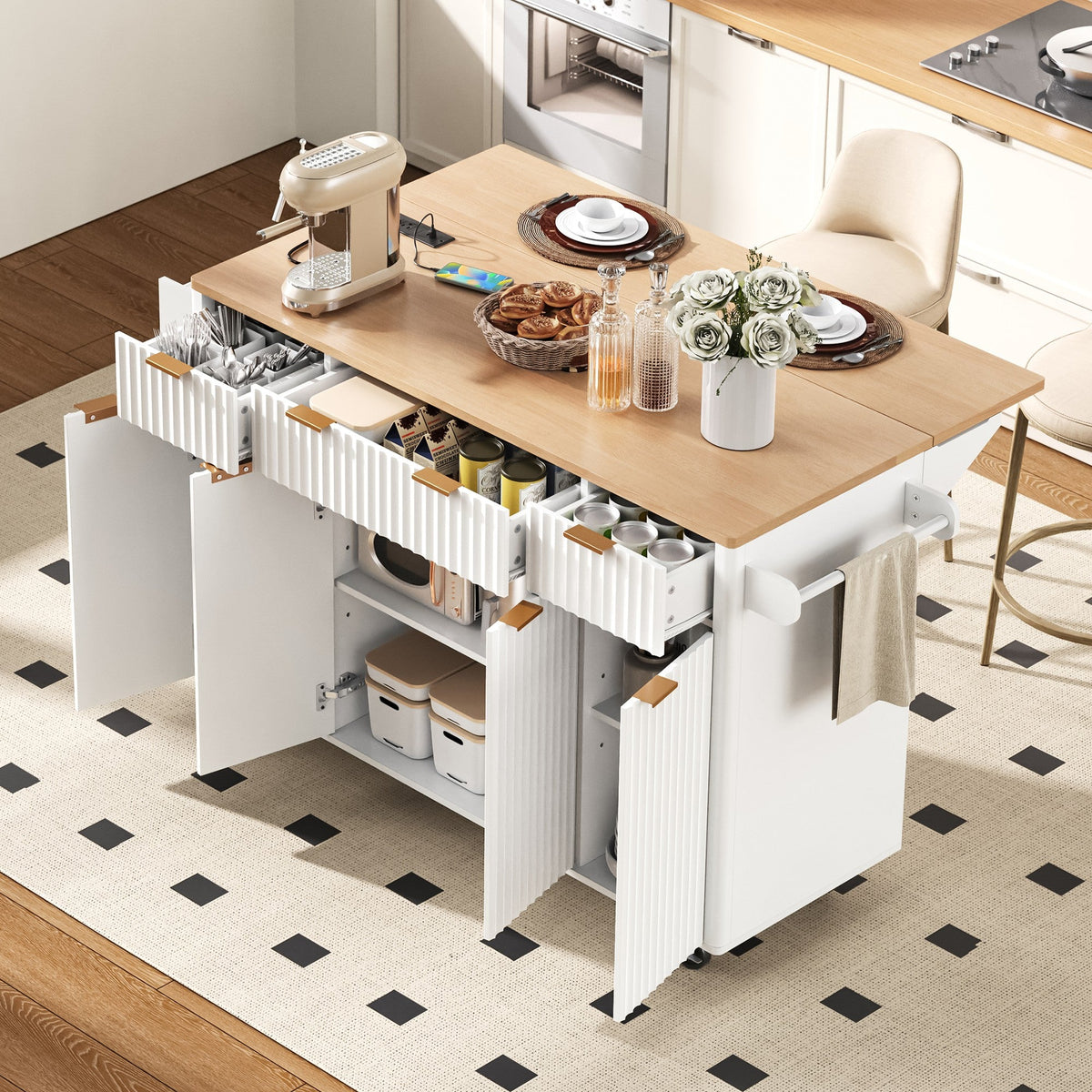 Roomfitters 55.5" Kitchen Island with Power Outlet and Drop Leaf, Rolling Storage Cabinet with Fluted Door Design, White