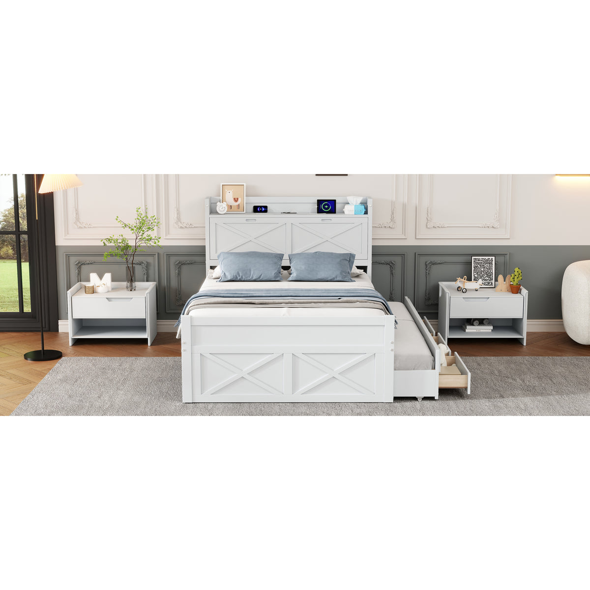 variant-group:rf-n733s172712k|Roomfitters Full Size Wooden Bed with Storage Headboard, Integrated Outlets, Extendable Frame with Twin Trundle and Additional Storage, White