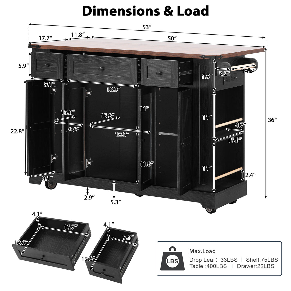 variant-group:rf-n707p263637b|Roomfitters 53" Rolling Kitchen Island with Drop Leaf, Mobile Cart with Glass Doors, 5 Side Shelves & Power Outlets, Black