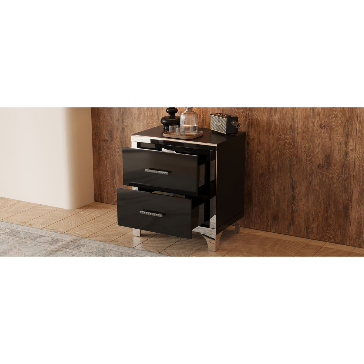 variant-group:rf-n733p205356b|Roomfitters High Gloss Nightstand with Metal Handle, Mirrored Bedside Storage Table for Bedroom or Living Room, Black
