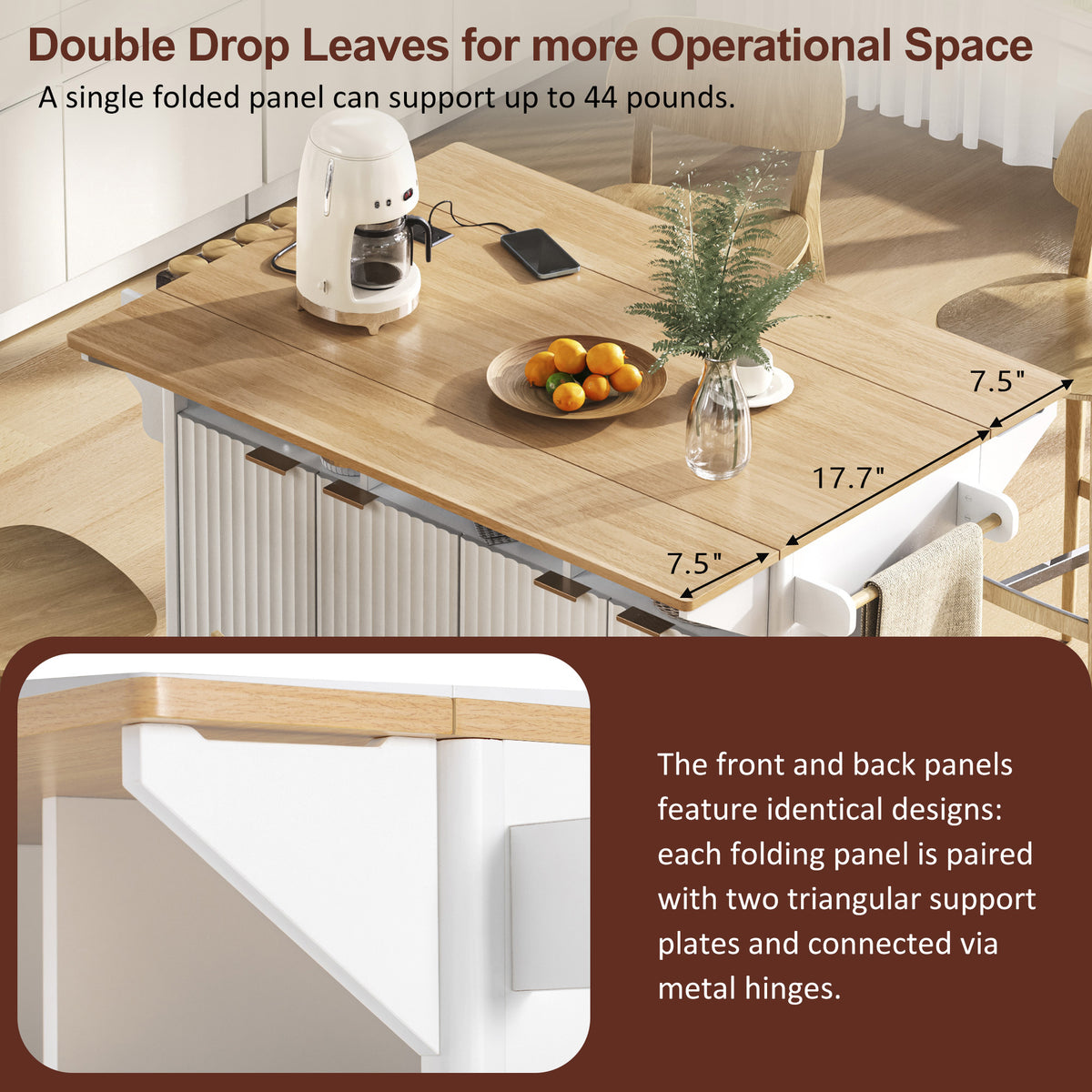 variant-group:rf-n707p353934w|Roomfitters 55.5" Fluted Kitchen Island with Double Drop Leaf, White Storage Cart with Power Outlet & Wood-grain Top