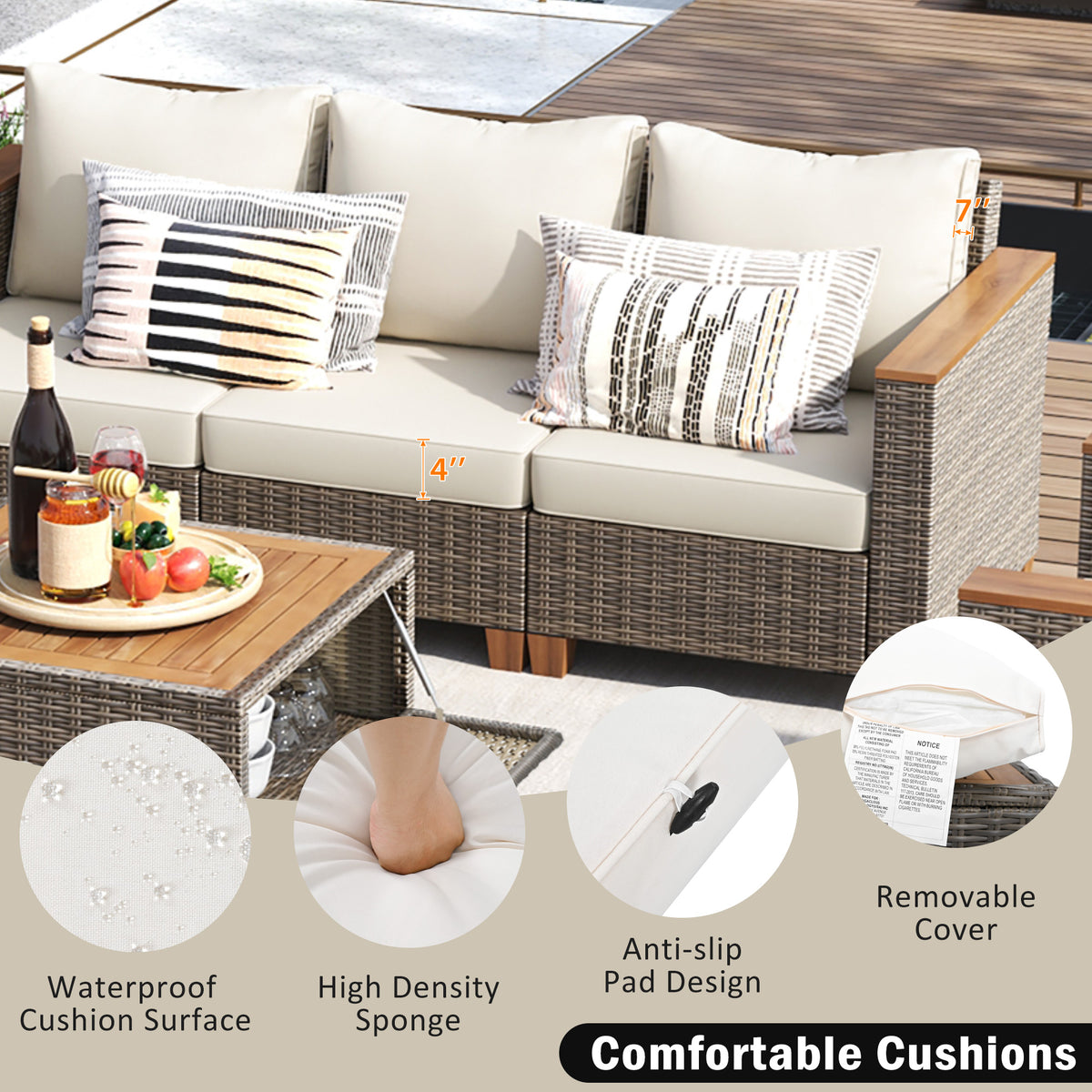 variant-group:rf-n707s005016z|Roomfitters 8-Piece Patio Furniture Set with 360 Swivel Rocker Chairs, Modular Outdoor Sectional Sofa & Table, Beige+Brown