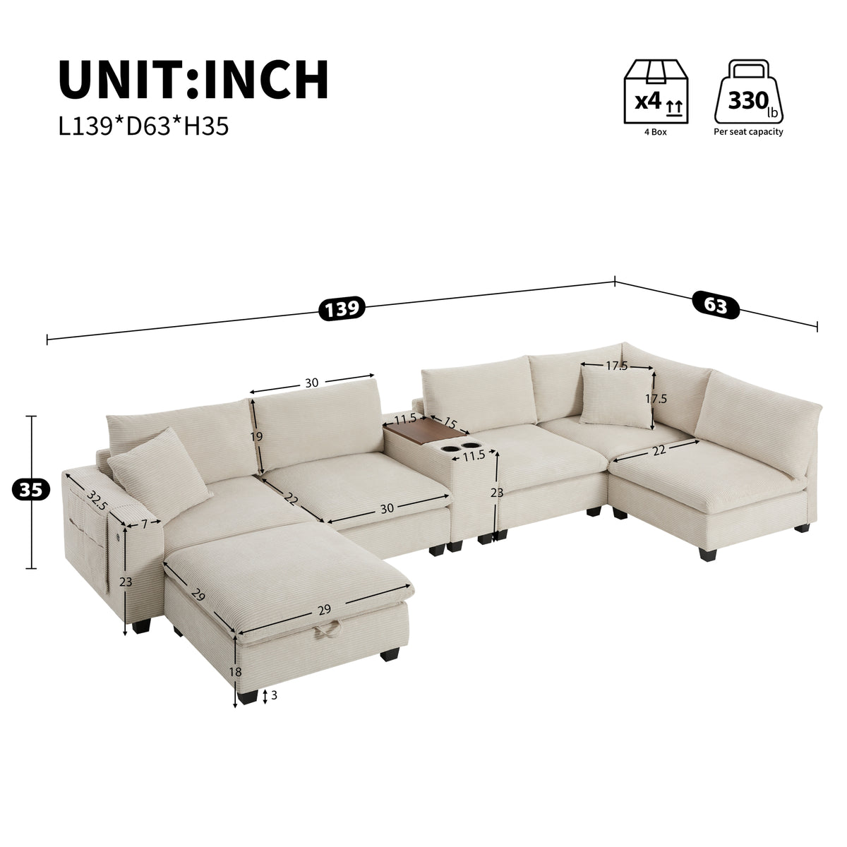 variant-group:rf-n723s1166a|Roomfitters 139 Inch U-Shaped Modular Sectional Sofa with Storage Console, Cup Holders and USB Ports for Living Room, Beige