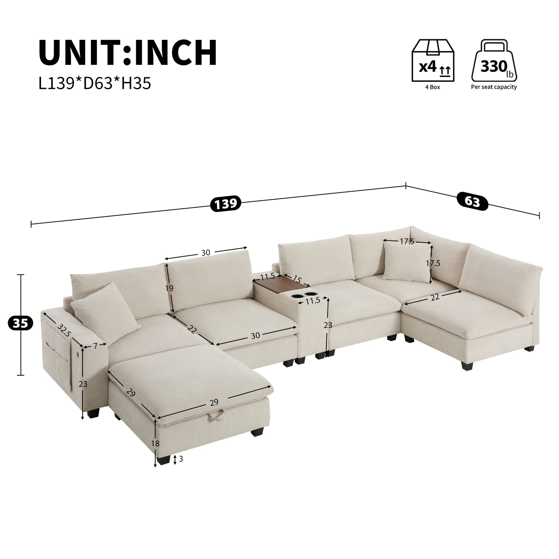 variant-group:rf-n723s1166a|Roomfitters 139 Inch U-Shaped Modular Sectional Sofa with Storage Console, Cup Holders and USB Ports for Living Room, Beige
