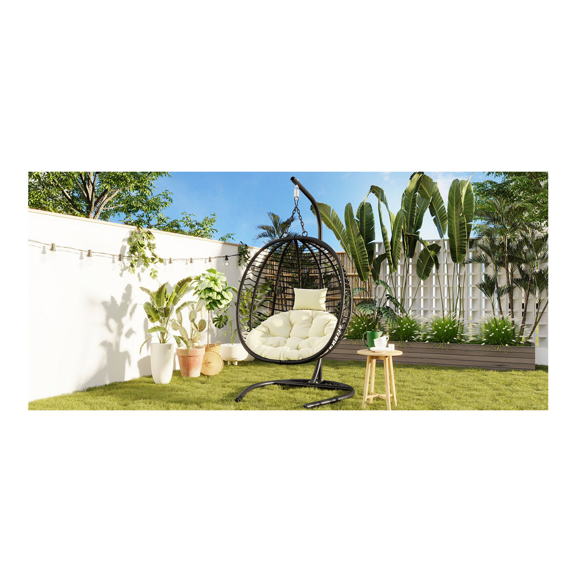 variant-group:rf-n711p389503a|Roomfitters Single Person Folding Egg Chair with Stand, UV Resistant Wicker Rattan Swing for Patio, Garden, Black+Beige