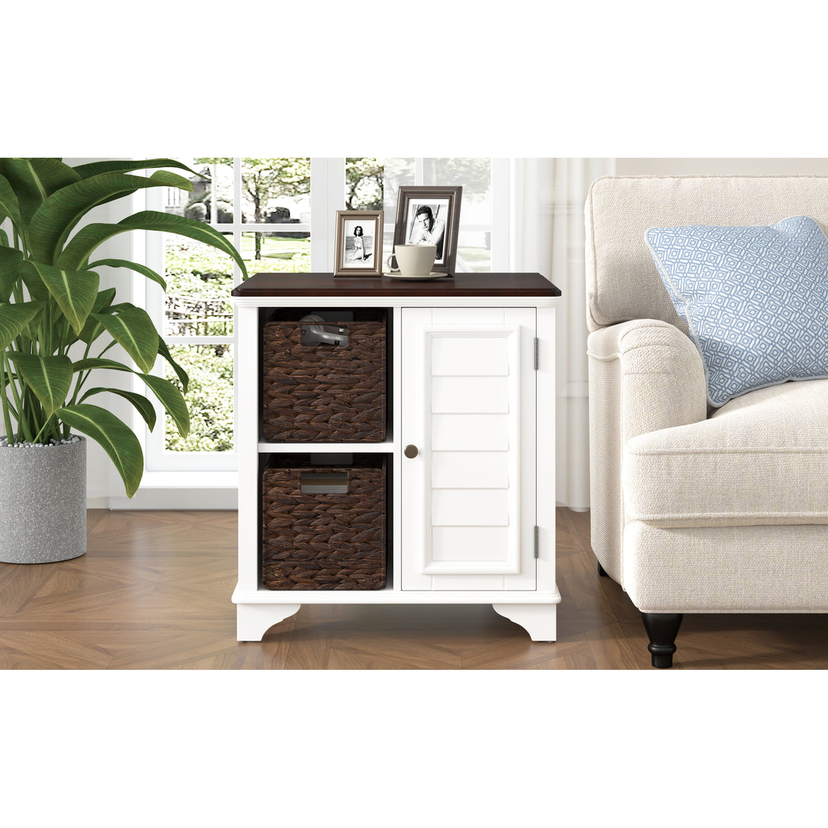 variant-group:rf-n724p401353k|Roomfitters American Style Louvered Side End Table with 2 Grass Storage Baskets, White