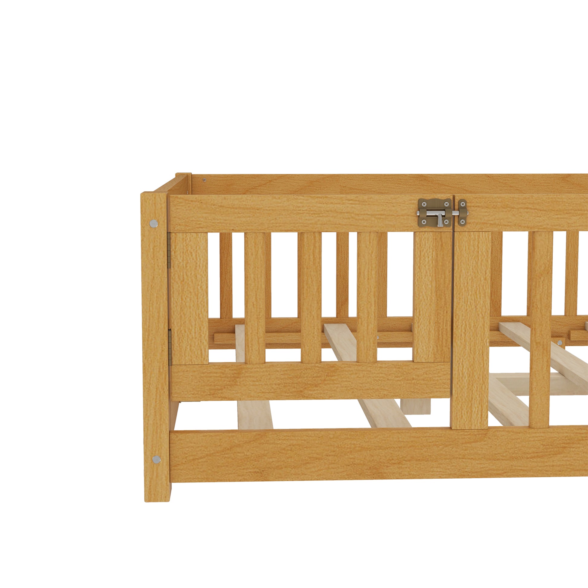variant-group:rf-w1580p338952|Roomfitters Wooden Full Floor Bed Frame with Door & Safety Guardrails, Low Platform Design for Bedroom or Playroom, Natural