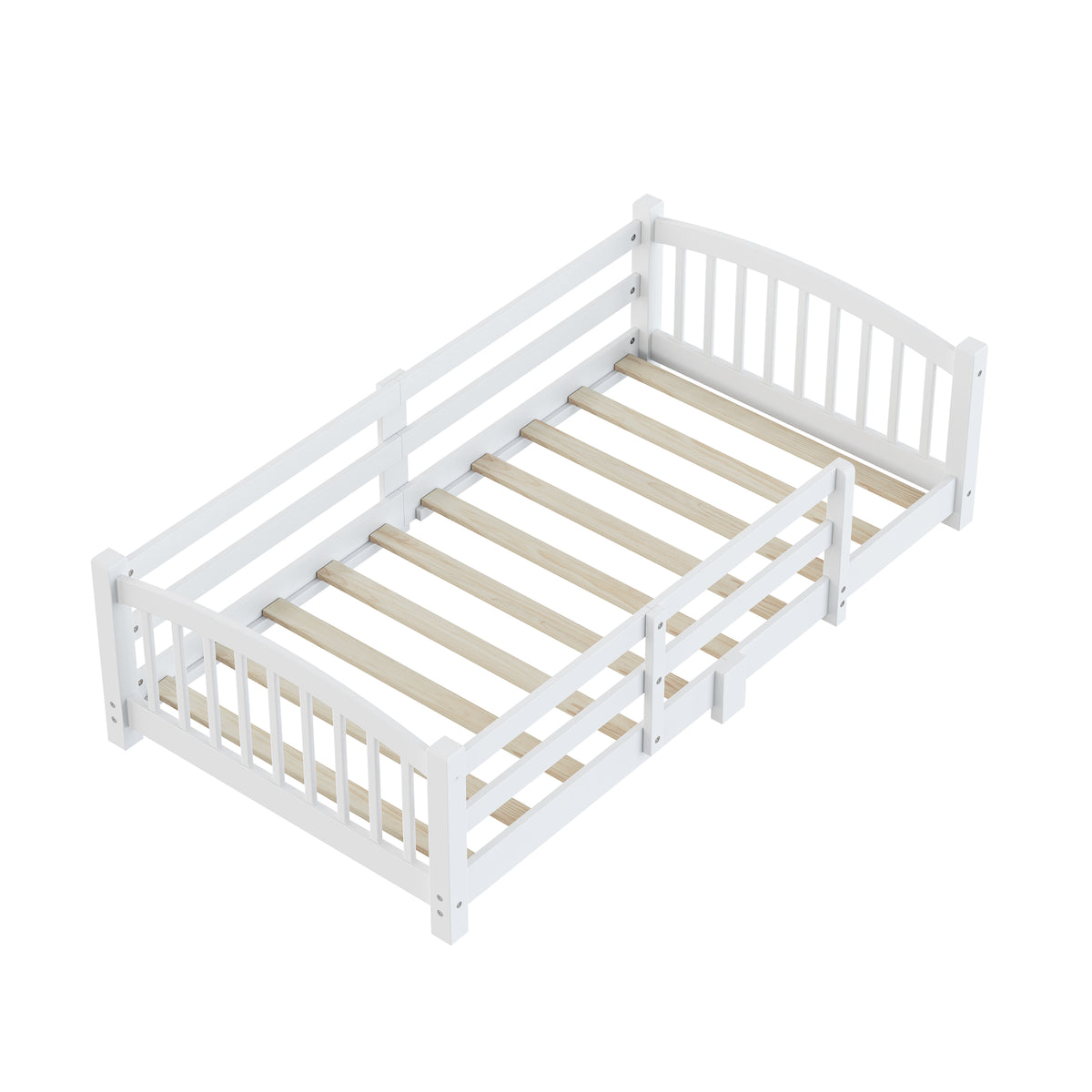 variant-group:rf-n733p400298k|Roomfitters Twin Montessori Floor Bed with Guardrails, Solid Wood Low Platform Bed with Slats, Easy Assembly, White