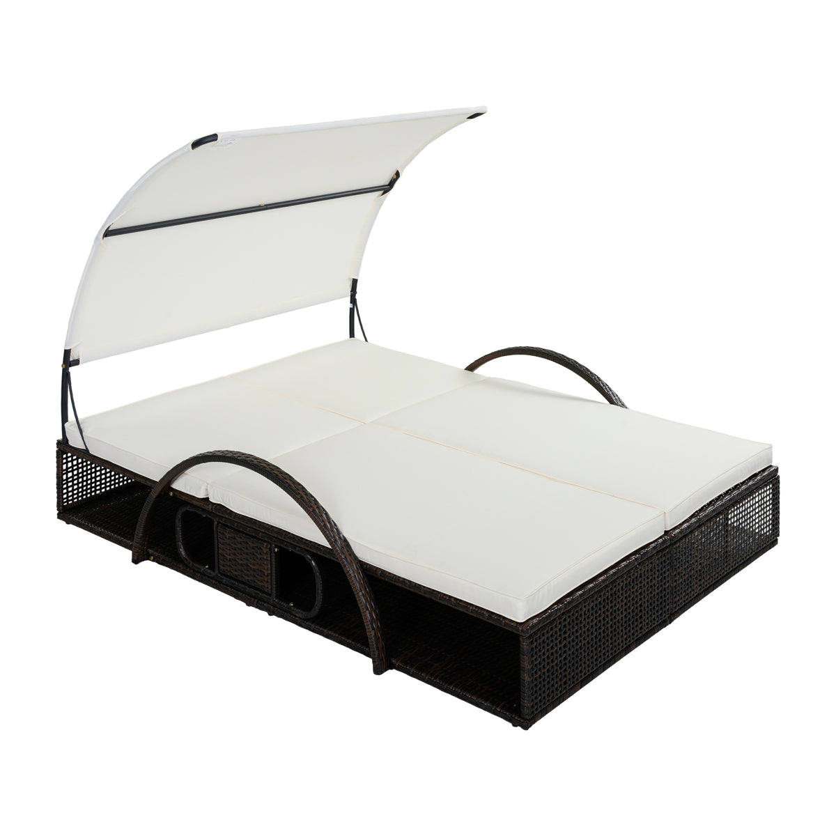 variant-group:rf-n711wy000485aaa|Roomfitters Beige HDPE Wicker Outdoor Double Sunbed, Steel Frame Patio Chaise, Hidden Side Tables, Canopy Shade
