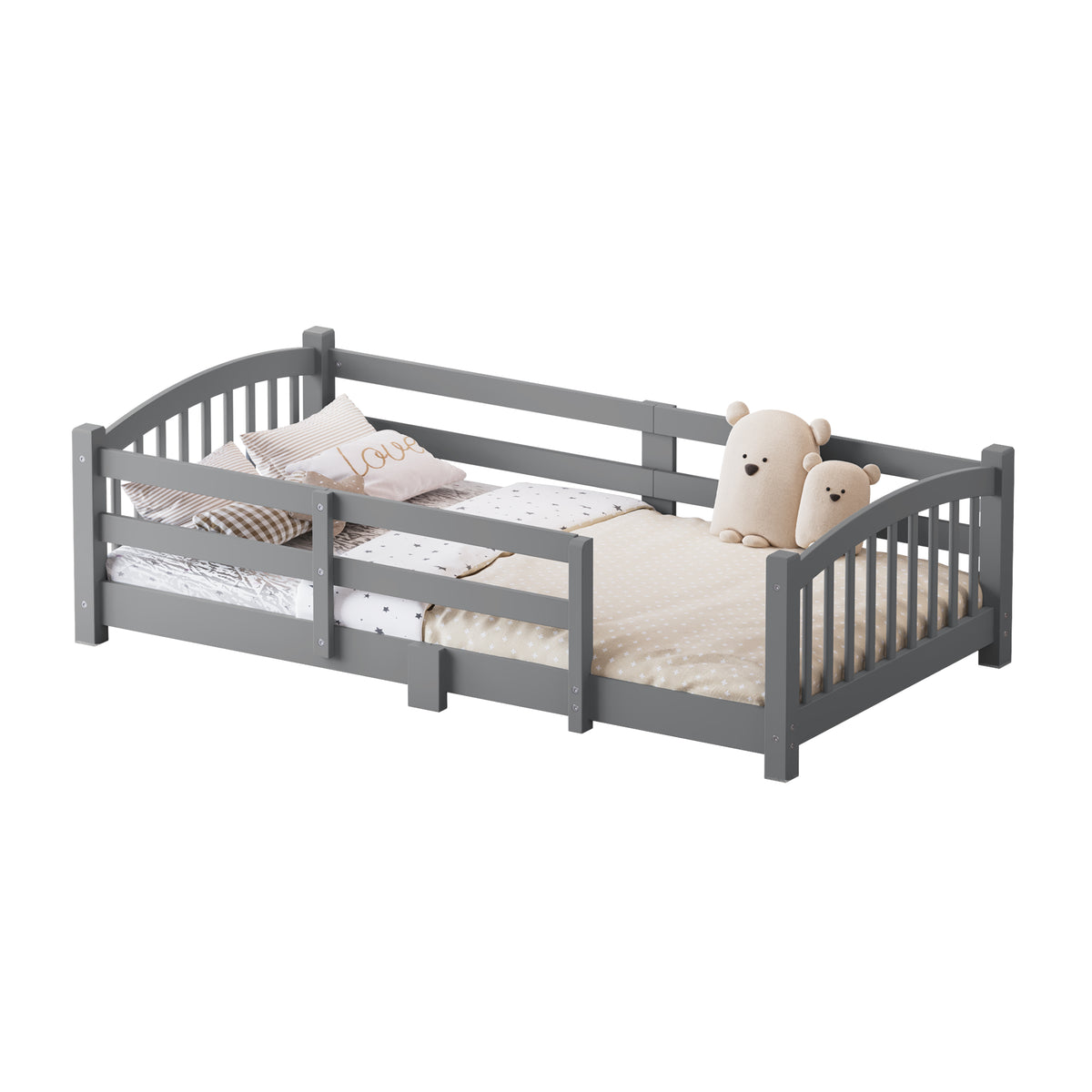variant-group:rf-n733p400298e|Roomfitters Twin Montessori Floor Bed with Guardrails, Solid Wood Low Platform Bed with Slats, Easy Assembly, Gray