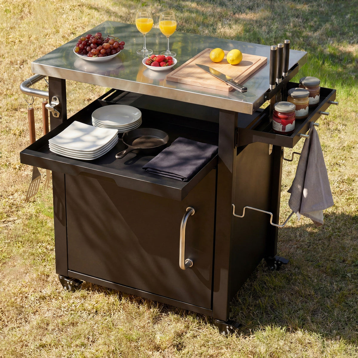 Roomfitters 39.5" Grill Cart with Stainless Steel Top, Outdoor Kitchen Island, BBQ Prep Station with Trash Bag Holder, Black