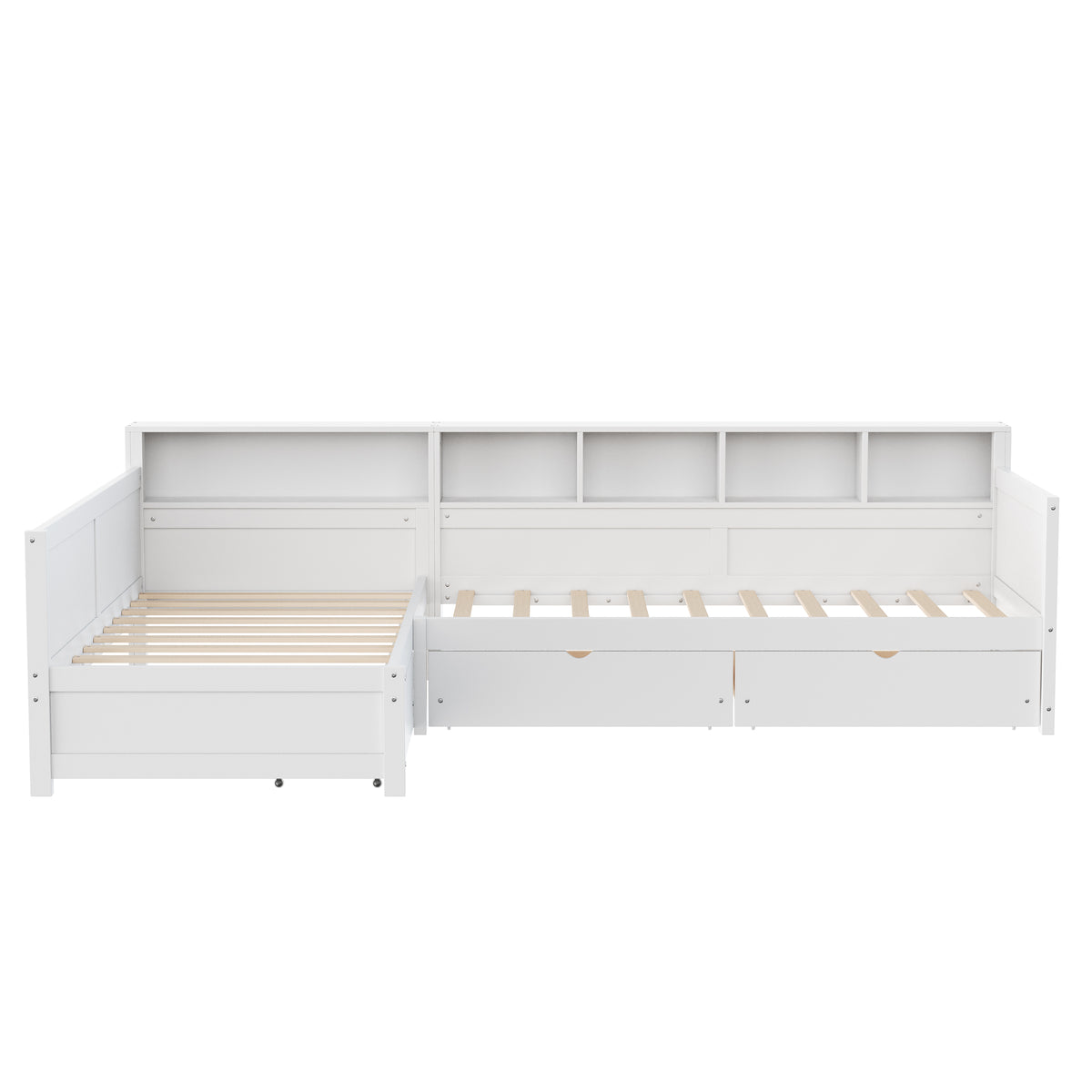 variant-group:rf-n733s369272k|Roomfitters Twin L-Shaped Daybed for 2 with 3 Storage Drawers, Wooden Corner Bed Frame with Bookshelf for Bedroom, White