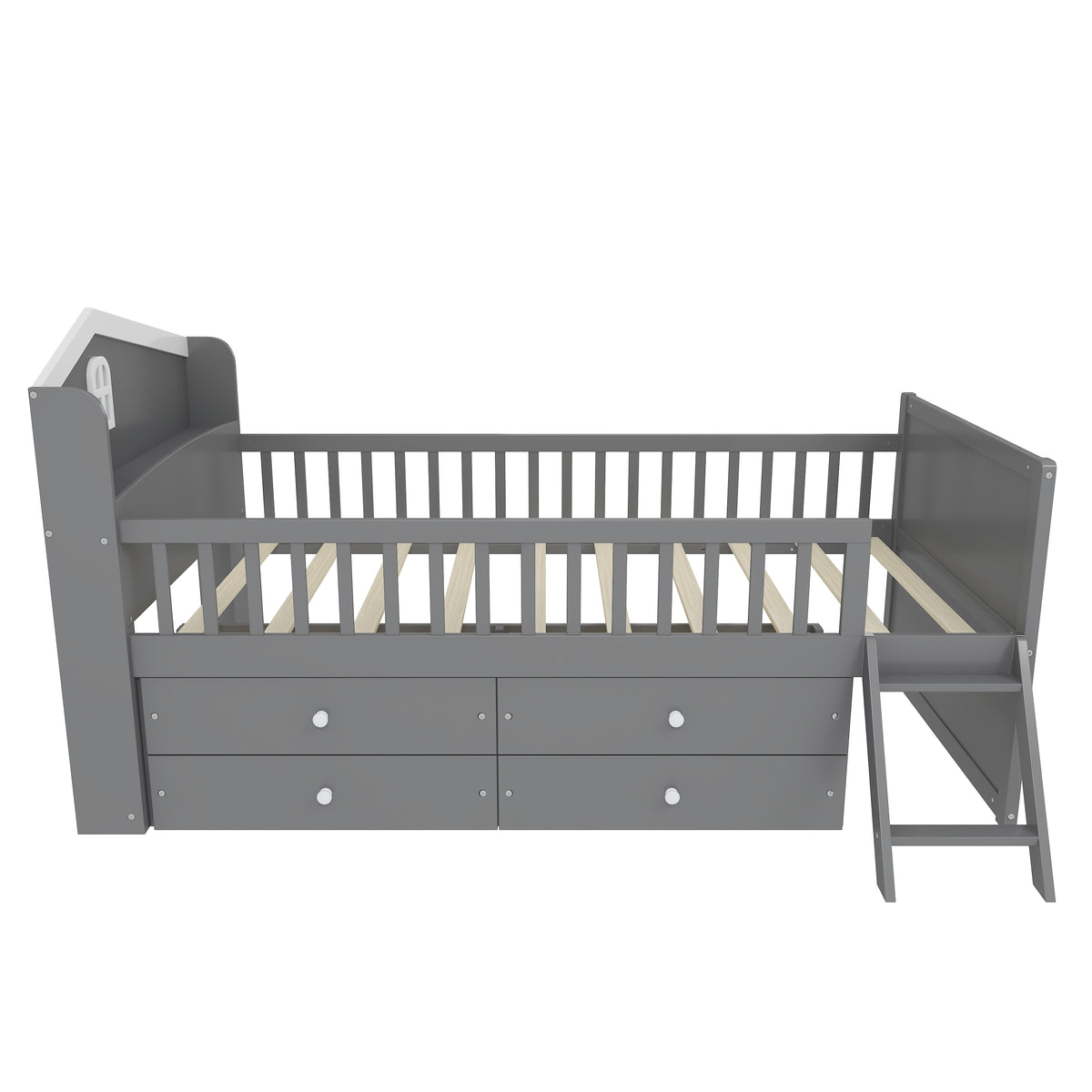 variant-group:rf-n733s278032e|Roomfitters Twin Platform Bed Frame with Four Drawers, Wooden Kids Bed with Guardrail Headboard and Ladder, Gray