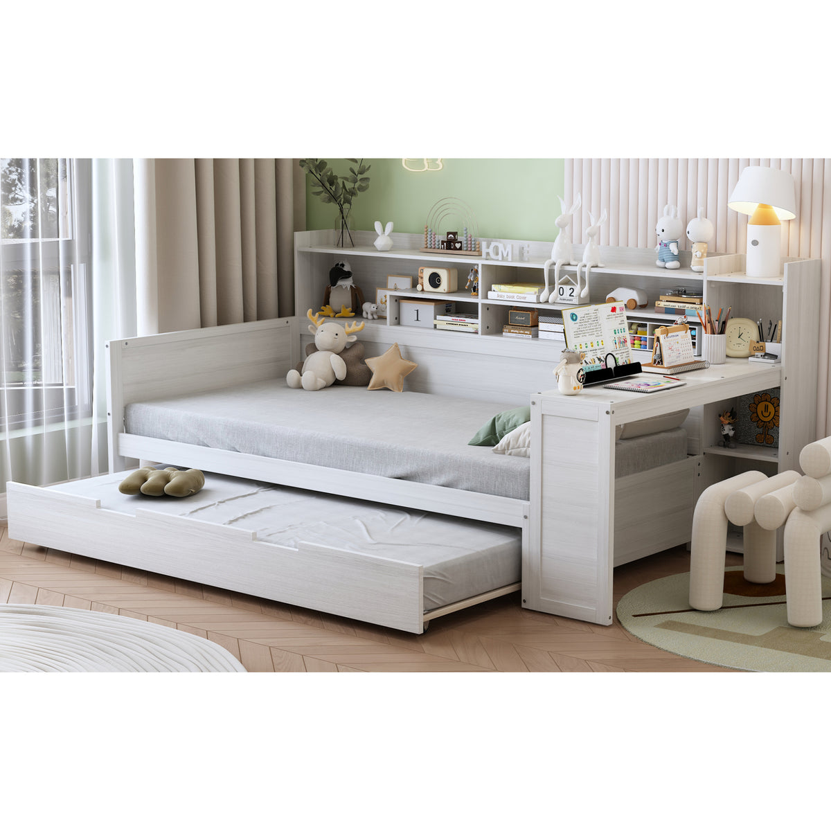 variant-group:rf-n733s373389k|Roomfitters Twin Daybed with Trundle, Storage Shelves and Desk, Wooden Multi-Functional Bed, Antique White