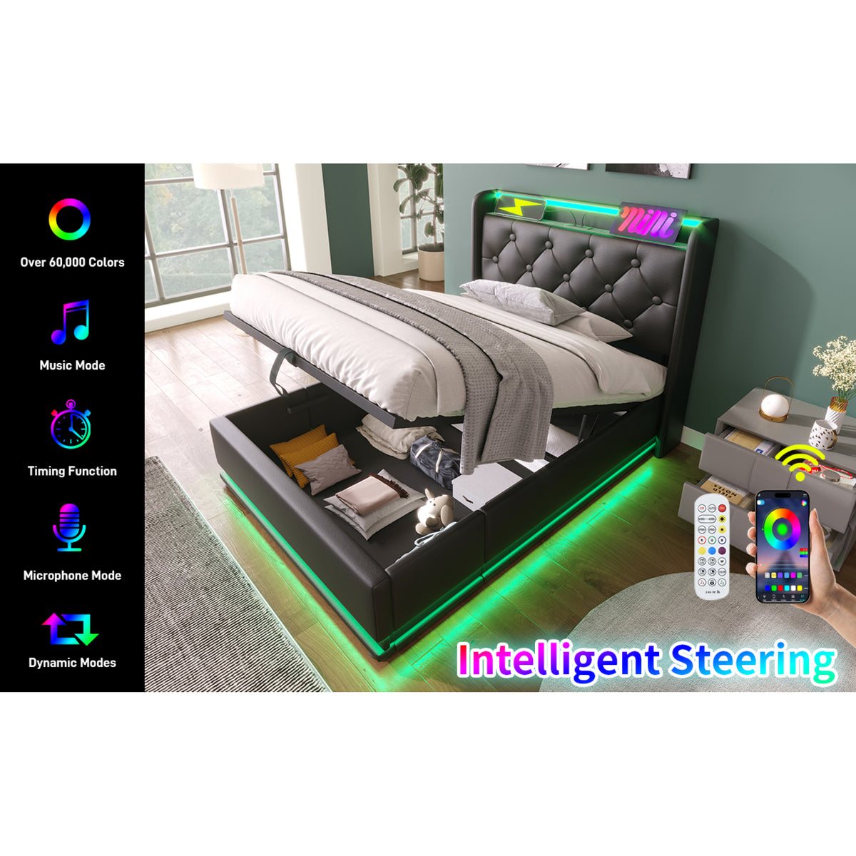 variant-group:rf-n736p188805b|Roomfitters Twin Size Upholstered Storage Bed with USB Type-C Charging and Remote Control, Faux Leather Black
