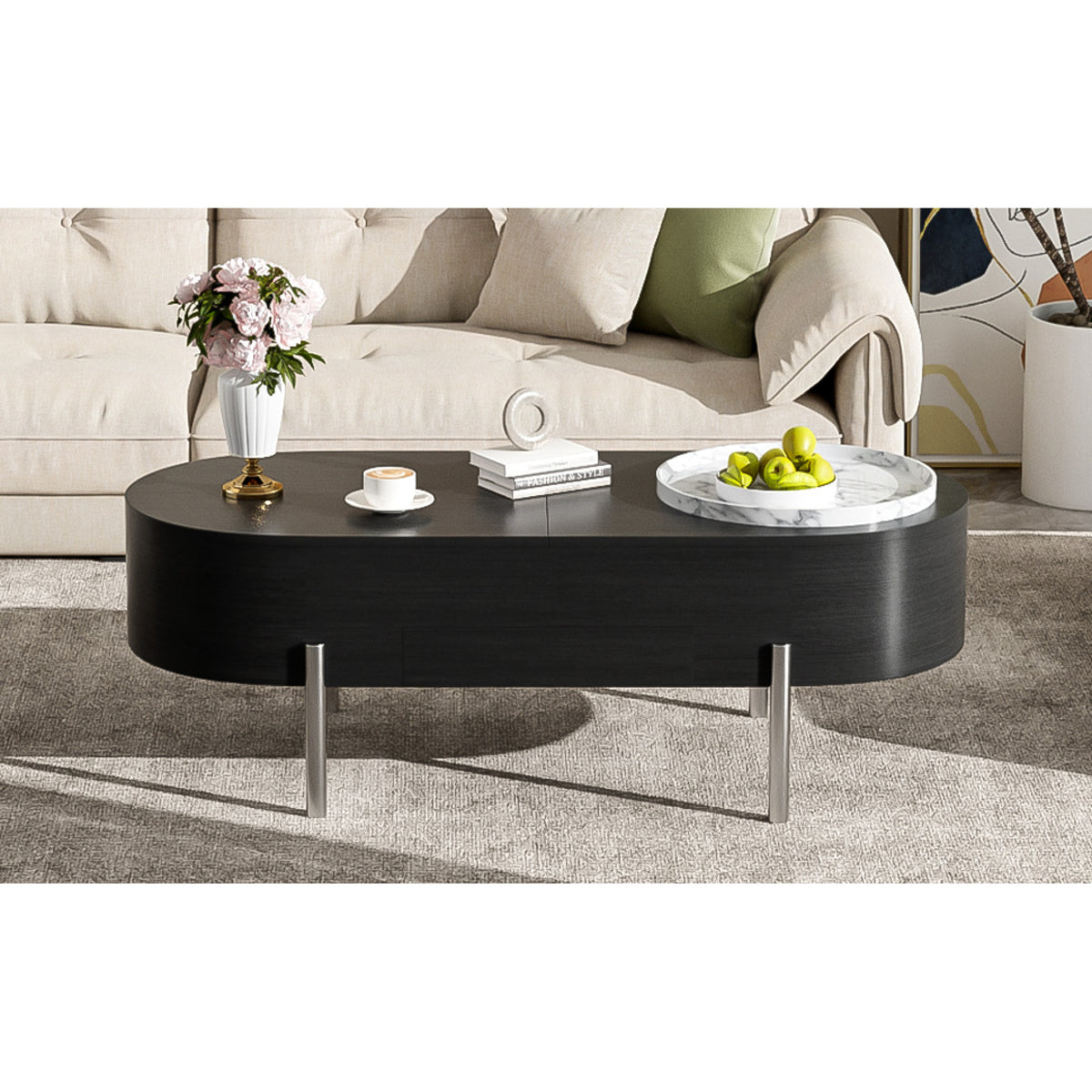 variant-group:rf-n724p228920b|Roomfitters Lift Top Oval Coffee Table with Rotating Marble Tray and Hidden Compartment, Black