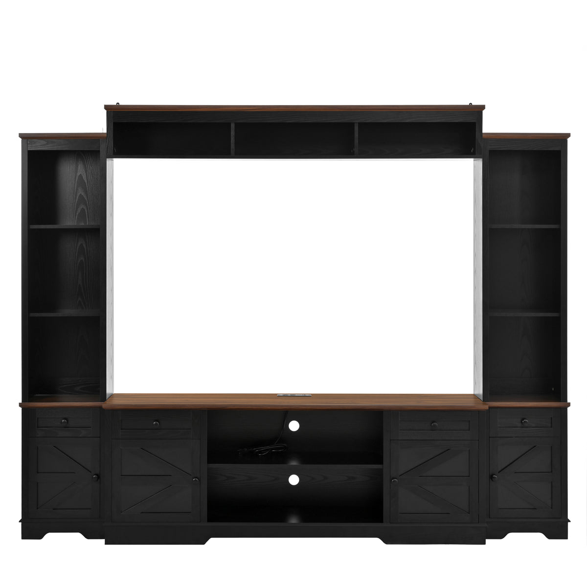 variant-group:rf-n724sj000154aab|Roomfitters 98.8"W Farmhouse Wall Unit Entertainment Center, 4 Barn Doors, Black & Brown