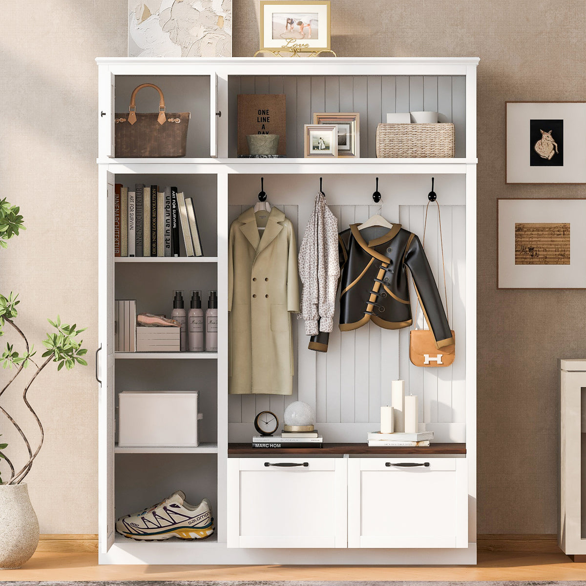 variant-group:rf-n724sj000160aak|Roomfitters 3-in-1 Entryway Hall Tree with Overhead Storage Cabinet, 2 Drawers, White
