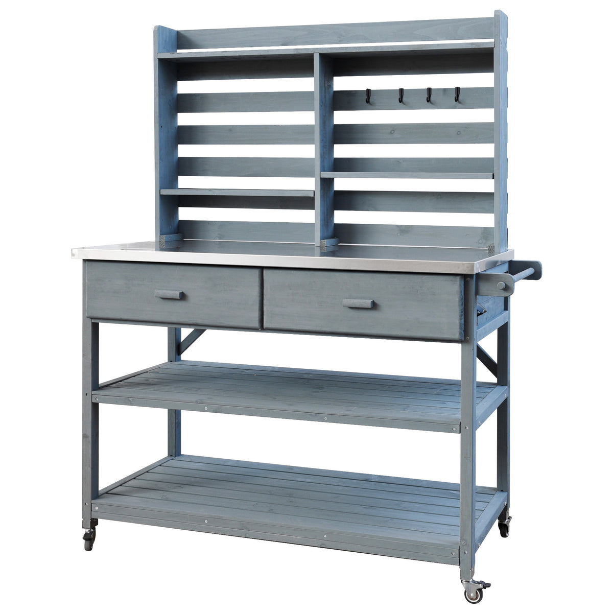 variant-group:rf-n707p228274g|Roomfitters 64.9" Outdoor Potting Bench Table, Rolling Kitchen Island with Hutch, Stainless Steel Top, Storage, Grey Blue