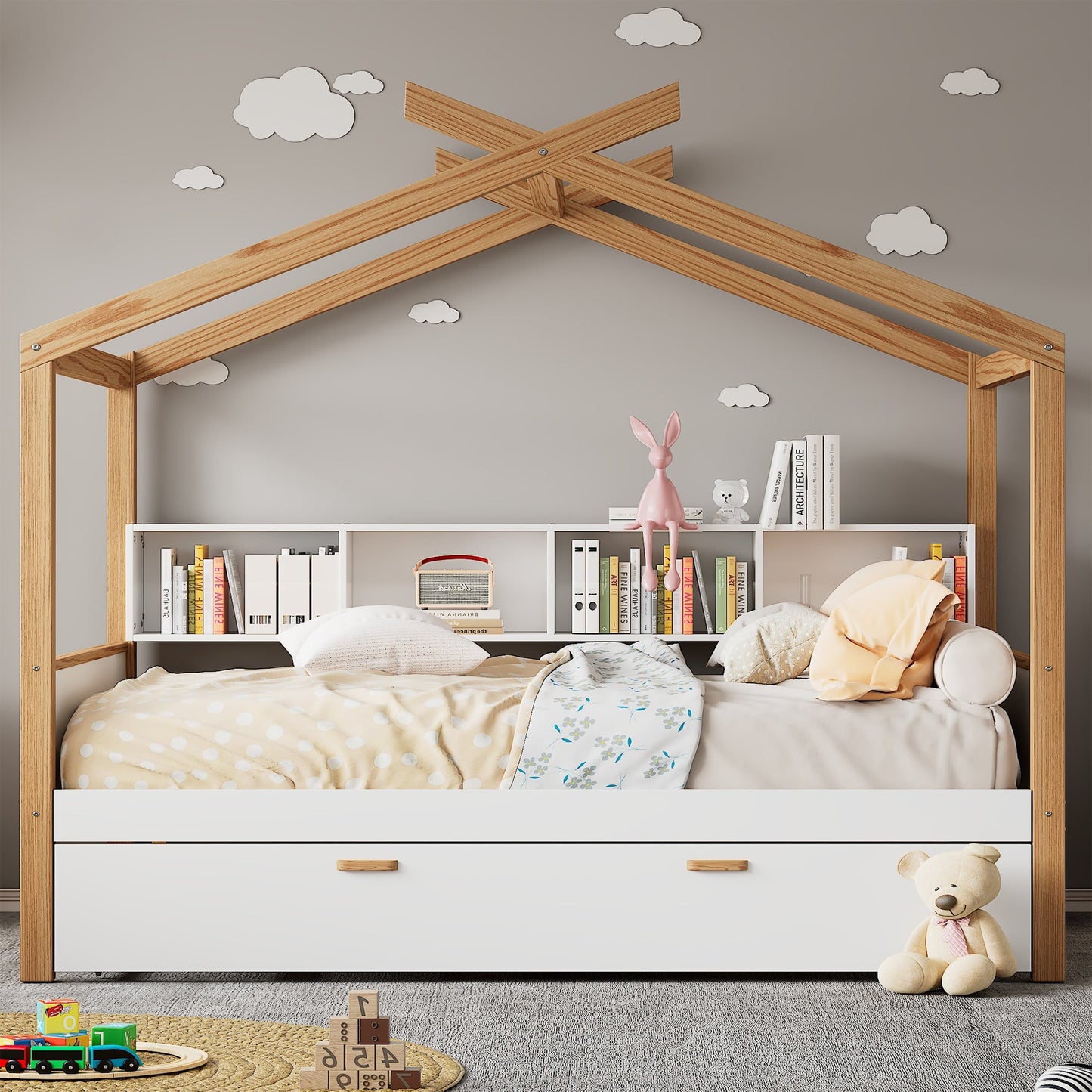 Roomfitters Full Size Wooden House Bed with Trundle and Bookshelf Storage, Solid Wood Frame for Guest Room, White Roomfitters