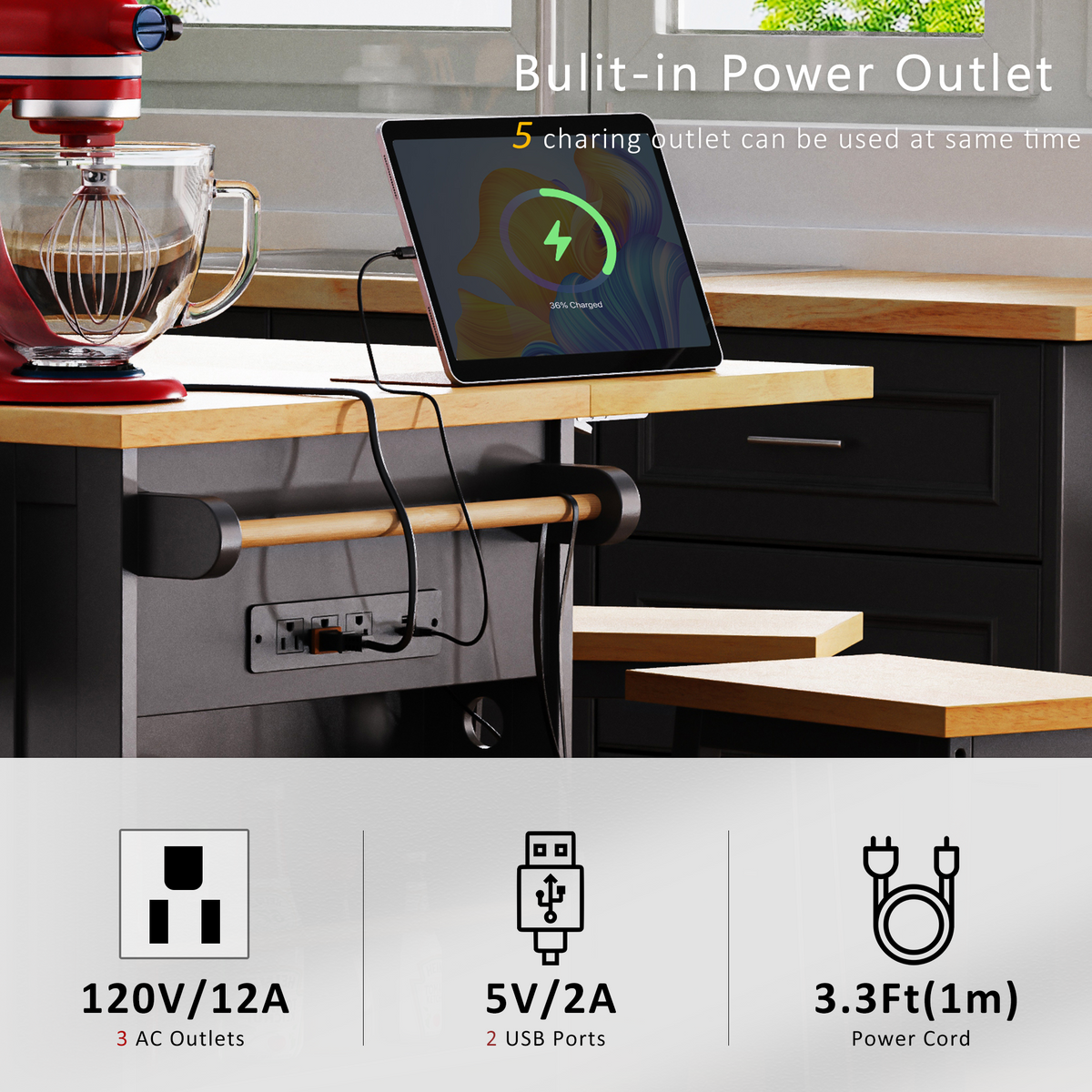variant-group:rf-n707s003007b|Roomfitters 53" Kitchen Island with 2 Bar Stools, Drop Leaf, Power Outlet, Rolling Kitchen Cart Set with Storage, Black