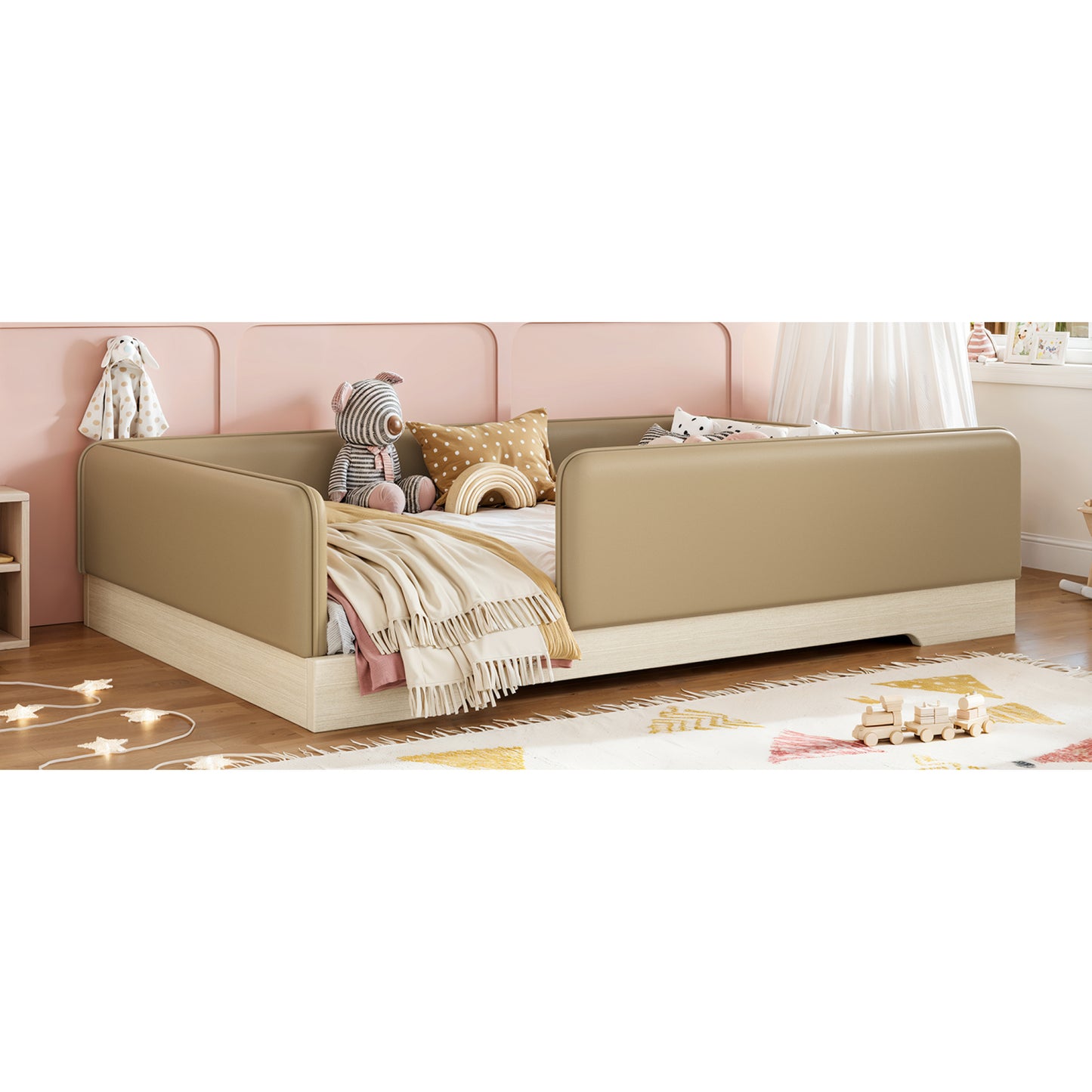 variant-group:rf-w1580s00670|Roomfitters Full Size Upholstered Floor Bed Frame with Removable Guardrails, Faux Leather Low Profile Platform, Brown