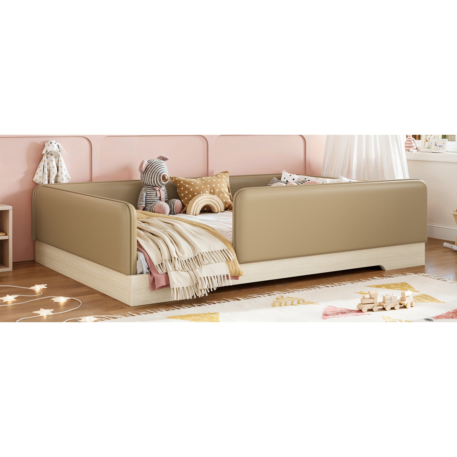 variant-group:rf-w1580s00670|Roomfitters Full Size Upholstered Floor Bed Frame with Removable Guardrails, Faux Leather Low Profile Platform, Brown