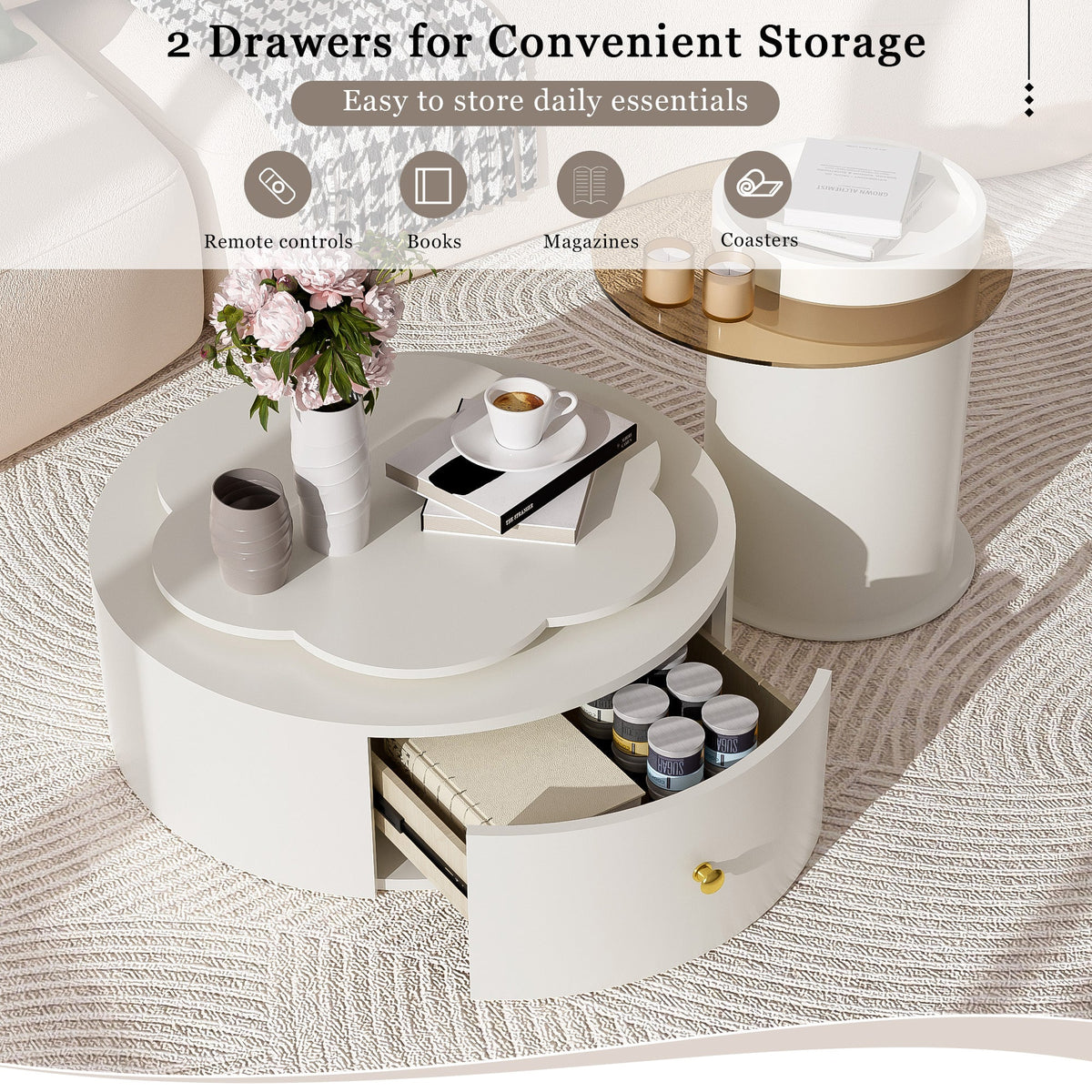 Roomfitters Rotatable Round Coffee Table Set of 2 with Flower-Shaped Top and Glass End Table, Off White Roomfitters