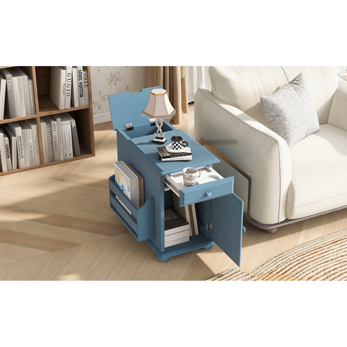 variant-group:rf-n724p293133m|Roomfitters Vintage Sofa Side Table with USB Ports, Flip Top, Cup Holders and Bookshelf Storage for Small Spaces, Navy Blue