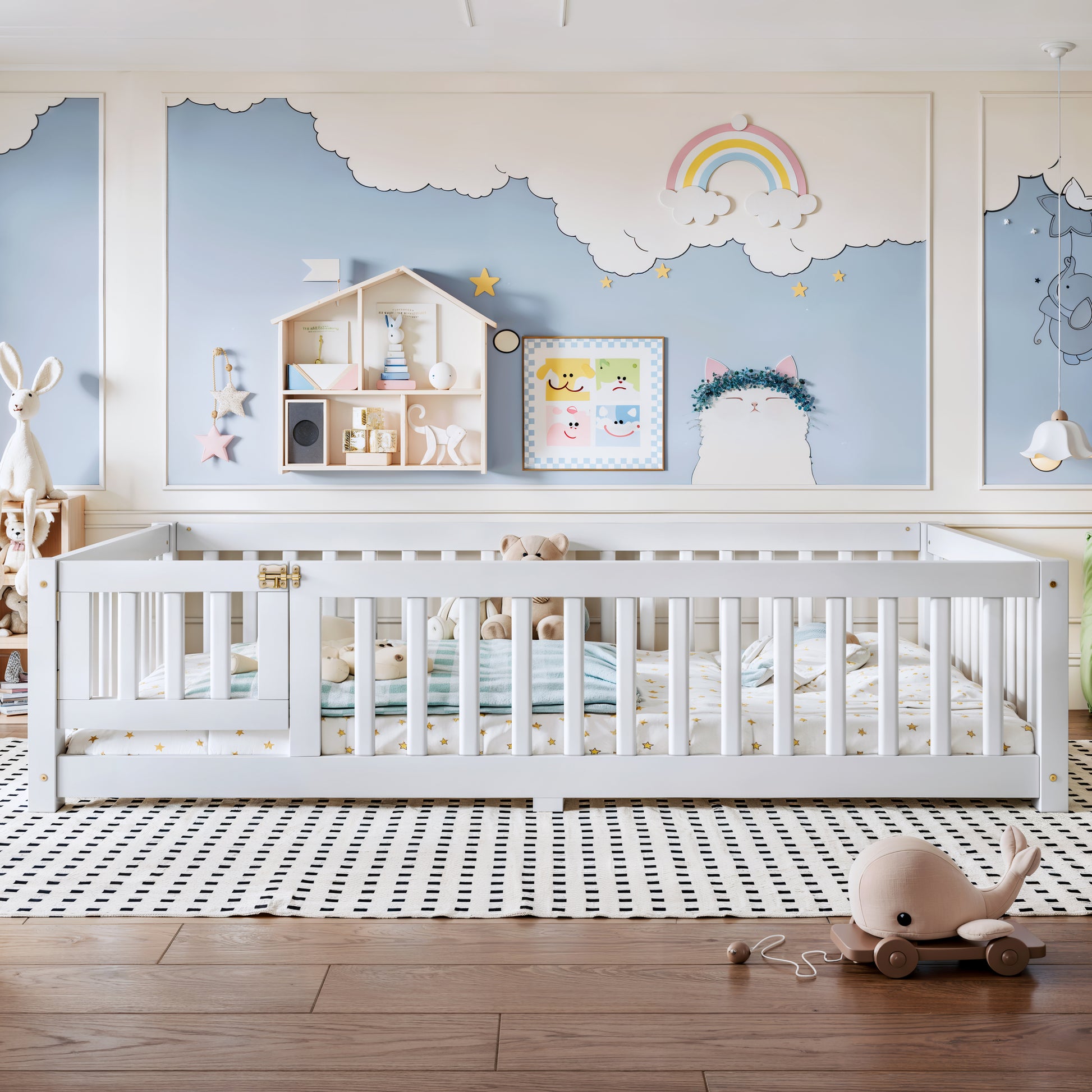 variant-group:rf-w1580p462317|Roomfitters Full Size Wooden Floor Bed Frame with Safety Guardrails Door, Solid Wood Low Profile Toddler Play Bed, White