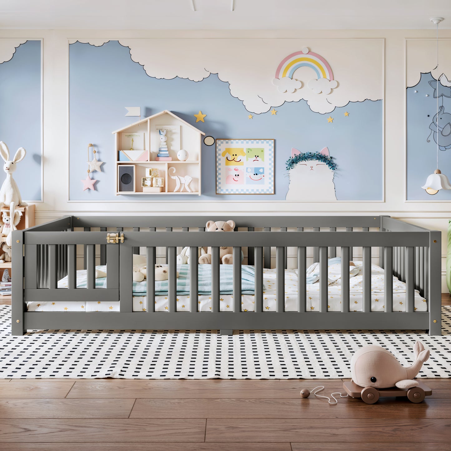 variant-group:rf-w1580p462318|Roomfitters Full Size Wooden Floor Bed Frame with Safety Guardrails Door, Solid Wood Low Profile Toddler Play Bed, Gray