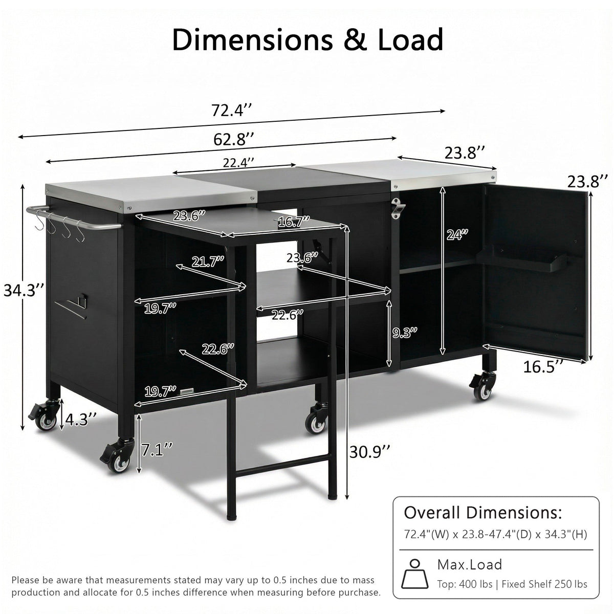 Roomfitters 72.4"W Extra Large Grill Cart, Outdoor Kitchen Prep Station with Stainless Steel Top and Folding Side Table, Black