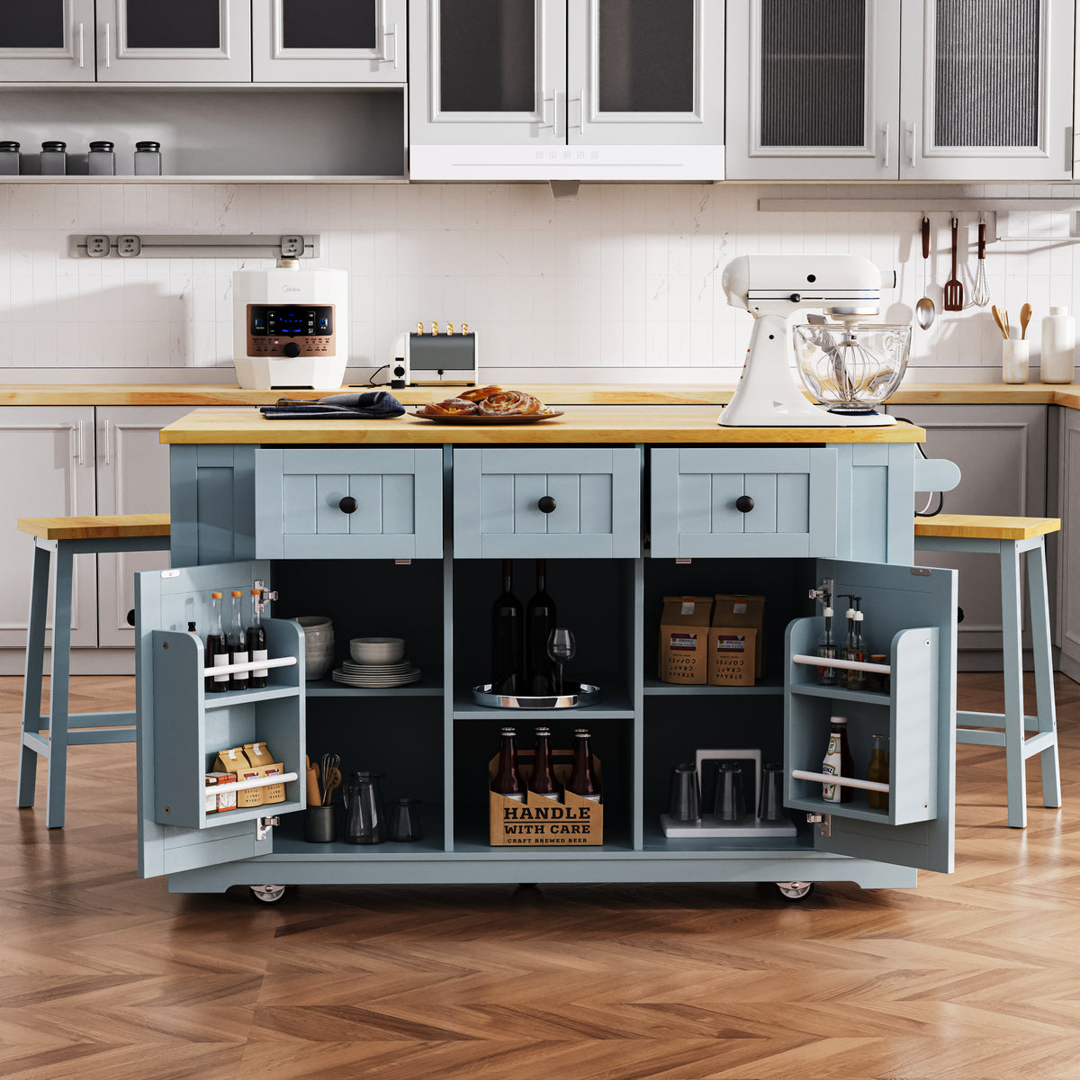 variant-group:rf-n707s003007g|Roomfitters 53" Kitchen Island with 2 Bar Stools, Drop Leaf, Power Outlet, Rolling Kitchen Cart Set with Storage, Grey-Blue