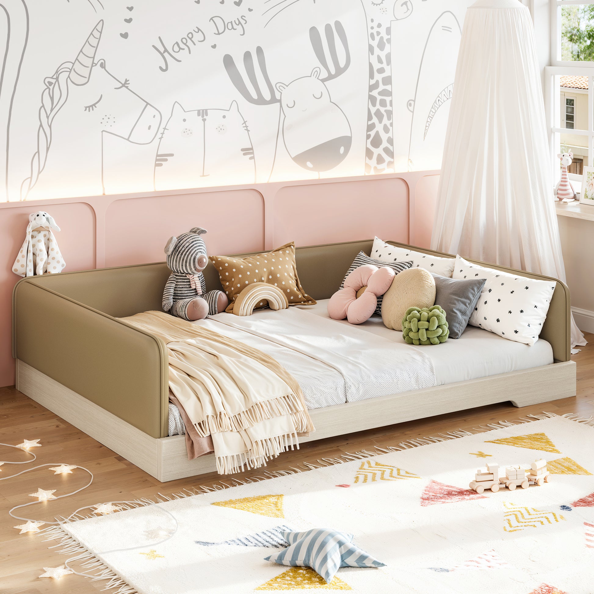variant-group:rf-w1580s00670|Roomfitters Full Size Upholstered Floor Bed Frame with Removable Guardrails, Faux Leather Low Profile Platform, Brown
