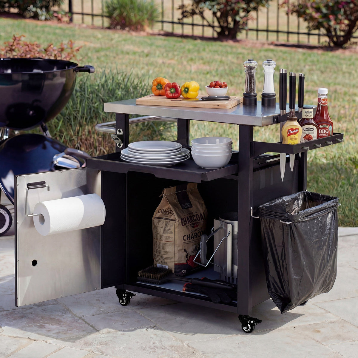 Roomfitters 39.5" Grill Cart with Stainless Steel Top, Outdoor Kitchen Island, BBQ Prep Station with Trash Bag Holder, Black