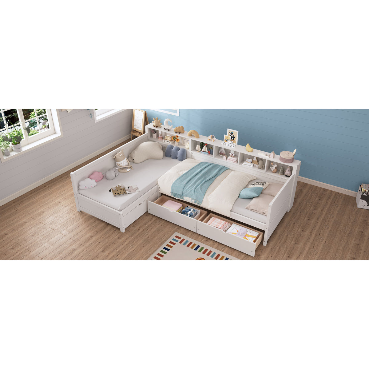 variant-group:rf-n733s369272k|Roomfitters Twin L-Shaped Daybed for 2 with 3 Storage Drawers, Wooden Corner Bed Frame with Bookshelf for Bedroom, White