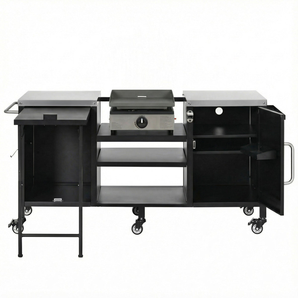 Roomfitters 72.4"W Extra Large Grill Cart, Outdoor Kitchen Prep Station with Stainless Steel Top and Folding Side Table, Black