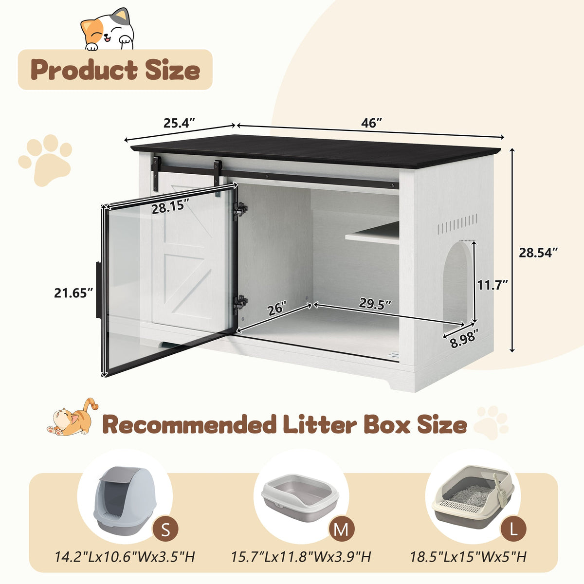 Roomfitters 46-Inch Farmhouse Cat Litter Box Enclosure Hidden Cabinet Nightstand with Sliding Barn Door White Roomfitters